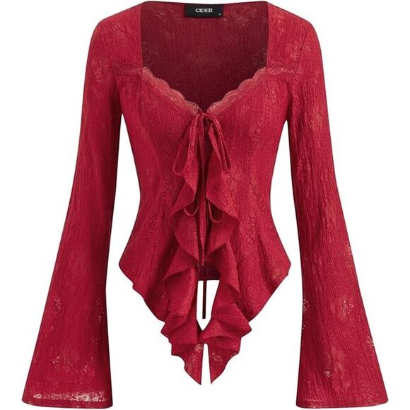 Cider Red Lace Bell Sleeve Square Neck Ruffle Tie Front Whimsigoth Victorian Top - Picture 1 of 5